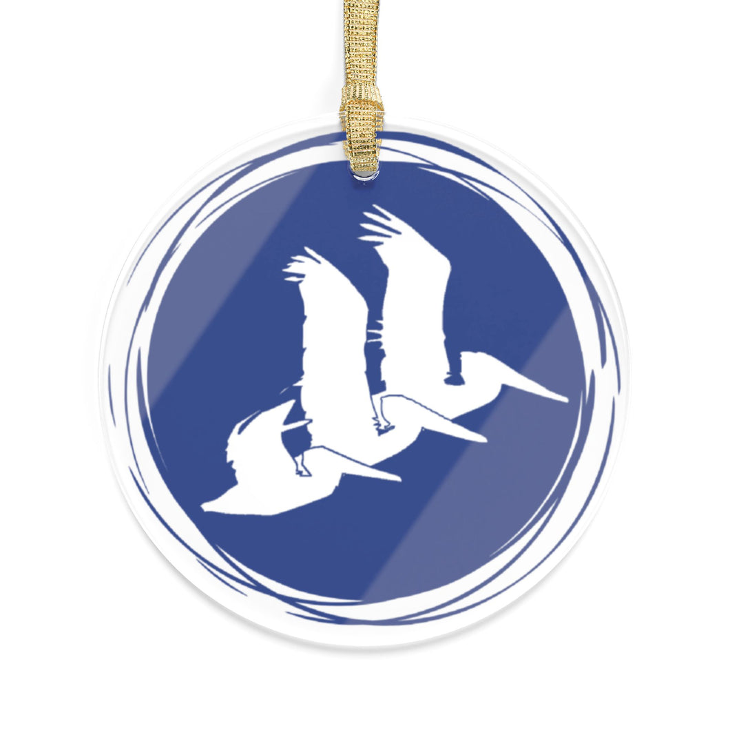 Elegant Acrylic CRCL Three Pelican Ornament – Clear with Blue Design